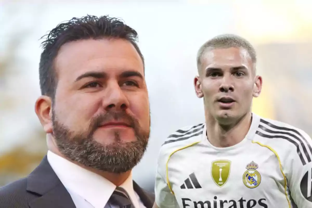 A bearded man in a suit appears next to a player wearing Real Madrid’s white uniform.