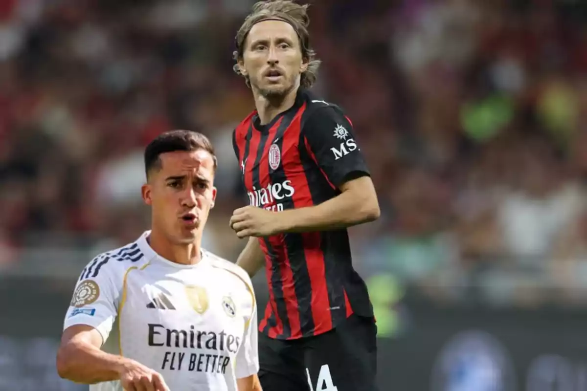 Dos futbolistas en el campo, uno con uniforme blanco del Real Madrid y otro con uniforme negro y rojo del AC Milan