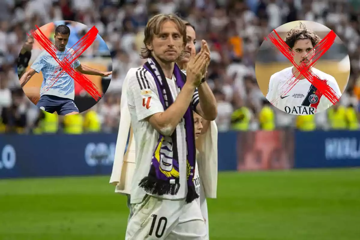 A player applauds on the field while two players in circles on either side are crossed out with a red X.
