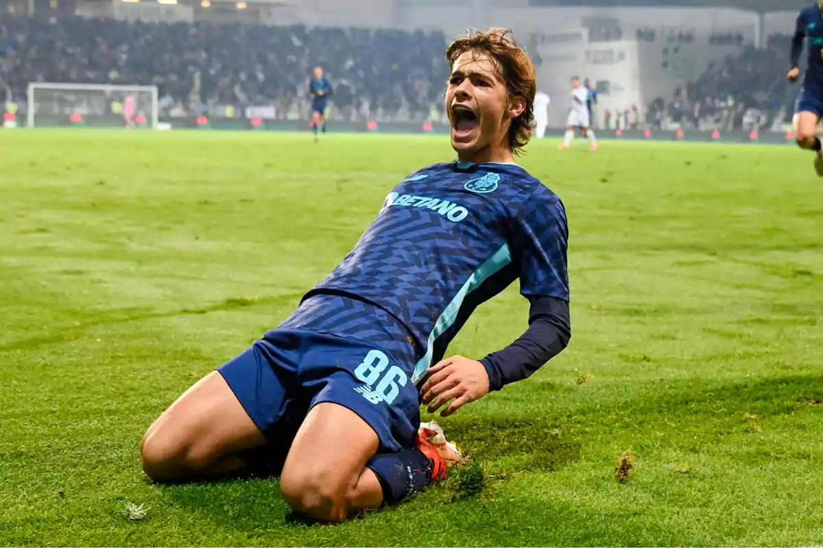 Soccer player celebrating a goal on their knees on the grass with an expression of euphoria in a stadium full of spectators Soccer player celebrating a goal on their knees on the grass with an expression of euphoria in a stadium full of spectators