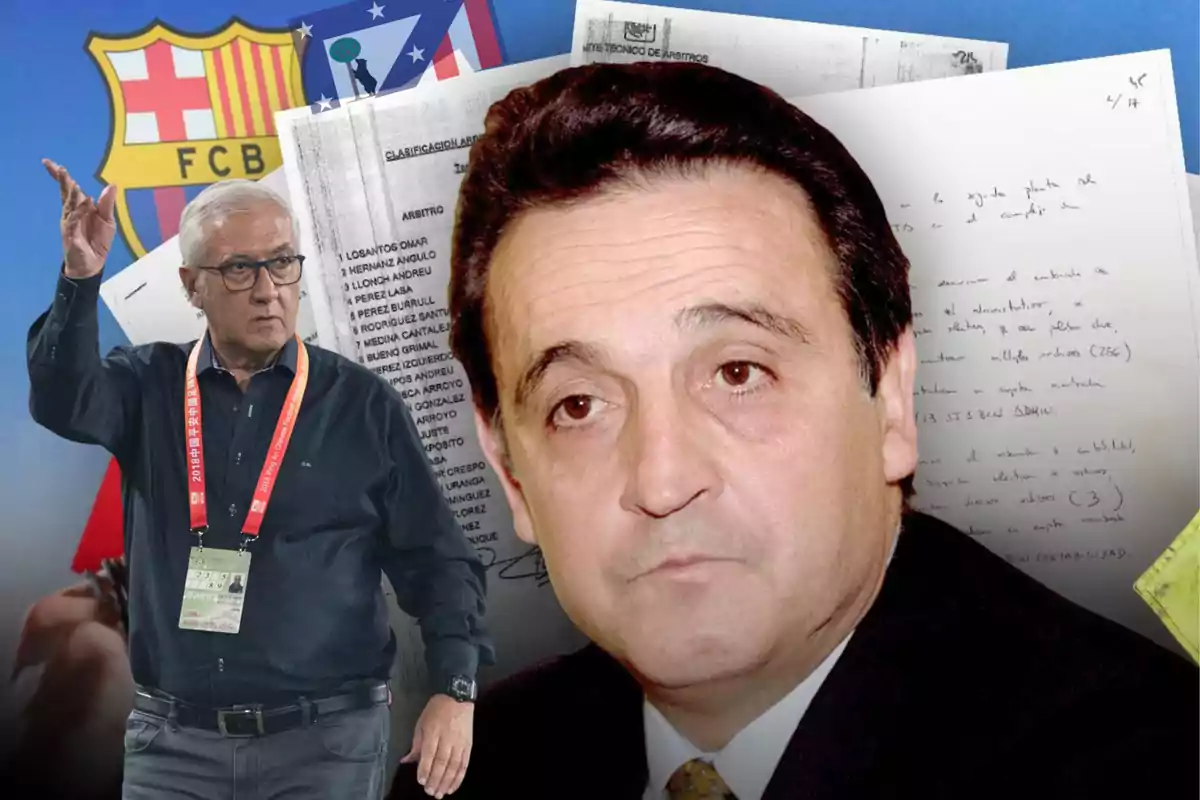 Dos hombres aparecen en primer plano con documentos y los escudos del FC Barcelona y Atlético de Madrid al fondo