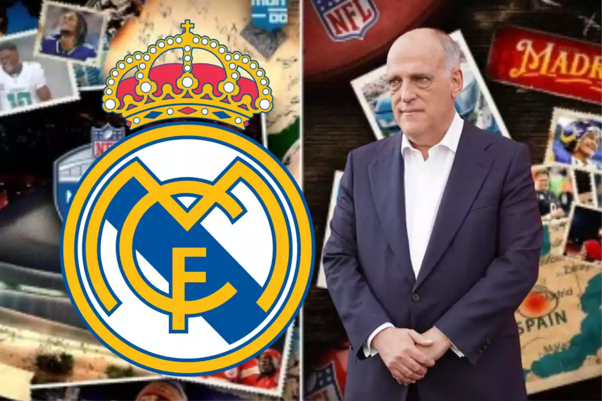 Un hombre de traje oscuro está de pie junto a un gran escudo del Real Madrid sobre un fondo con imágenes relacionadas con la NFL y la ciudad de Madrid.