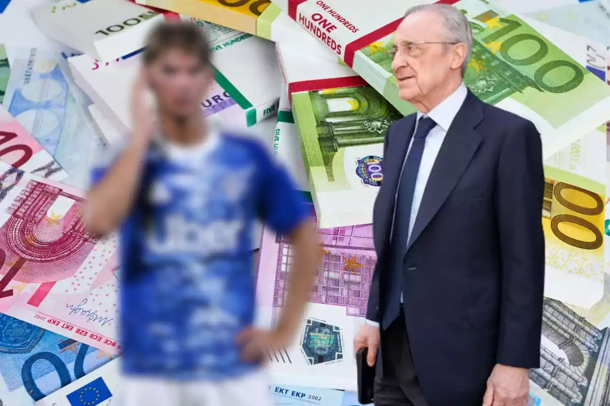 Un hombre de traje junto a un jugador de fútbol desenfocado con billetes de euro de fondo