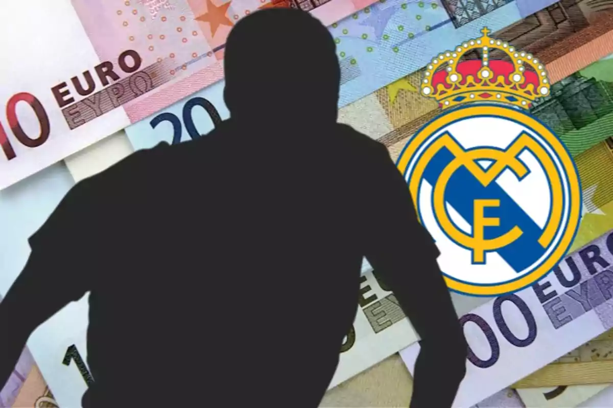 Silueta de una persona frente a billetes de euro y el escudo del Real Madrid