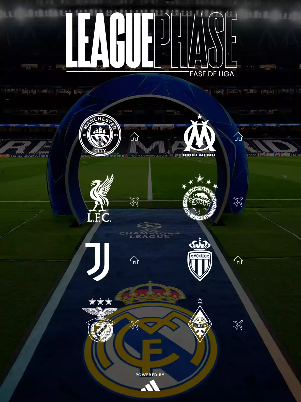 Image with the Champions League logo in a stadium, several European football team crests, and the Real Madrid crest in the center of the carpet Image with the Champions League logo in a stadium, several European football team crests, and the Real Madrid crest in the center of the carpet