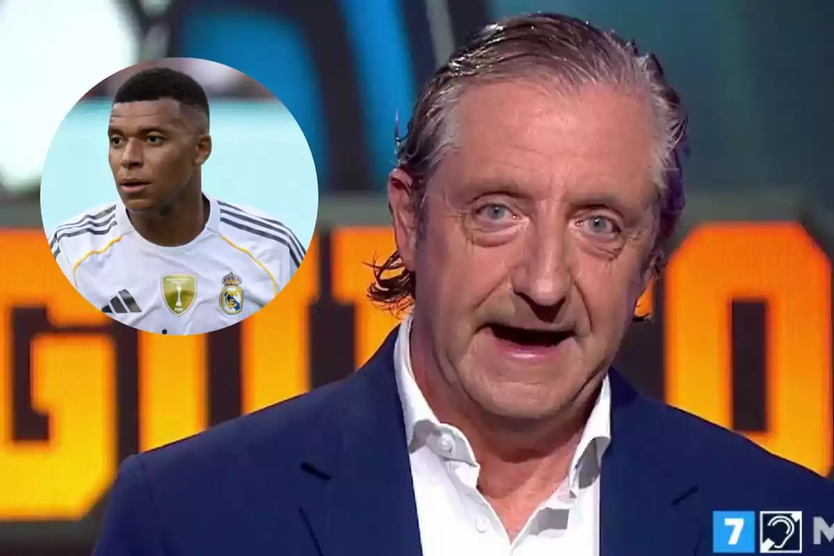 A gray-haired man in a blue suit appears in the foreground of a television studio, with a circle in the upper left corner showing a player wearing a white Real Madrid jersey.