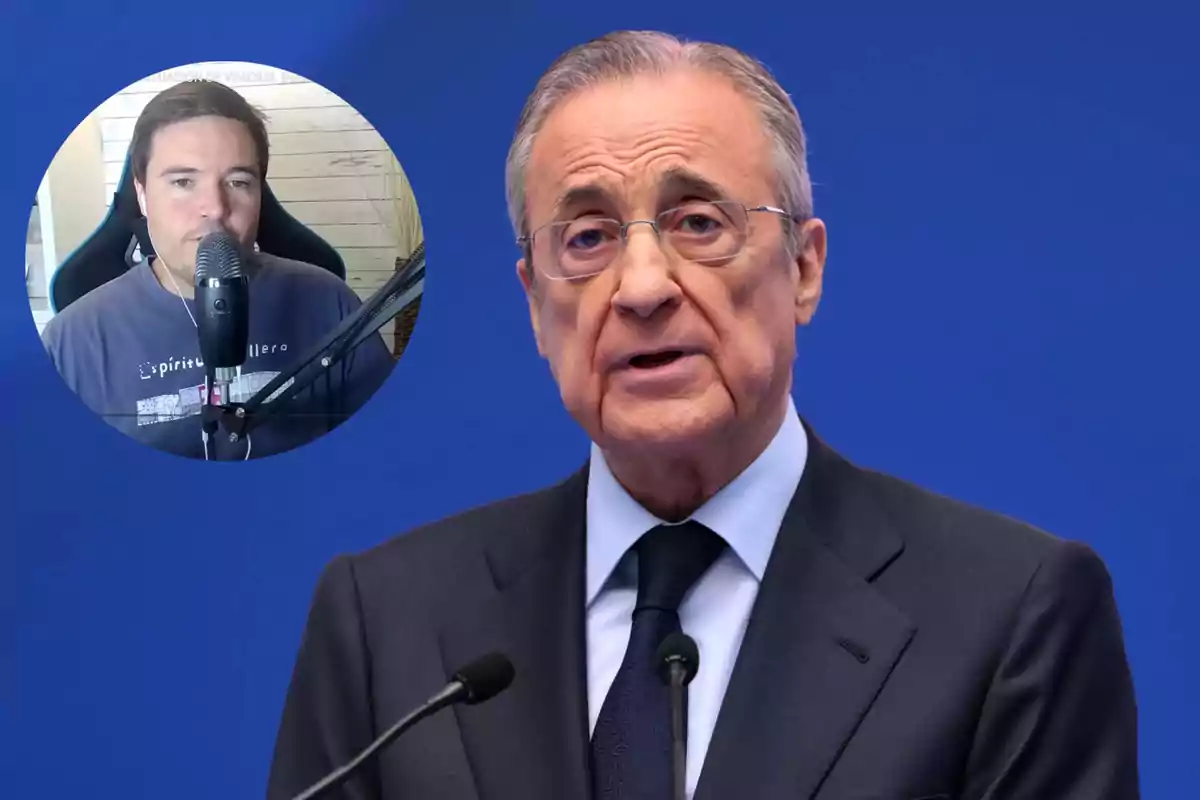 Hombre mayor con gafas y traje oscuro hablando frente a un micrófono con fondo azul y en la esquina superior izquierda aparece un hombre más joven usando auriculares y hablando frente a un micrófono en un entorno de grabación