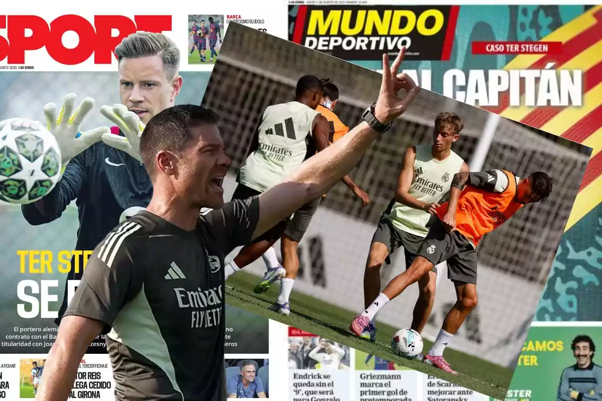 Portadas de periódicos deportivos con un entrenador de fútbol dando indicaciones y jugadores entrenando en el campo