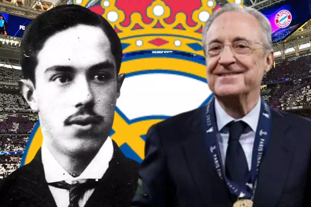 Two men, one in black and white and the other in color, appear in front of the Real Madrid crest in a stadium full of fans.