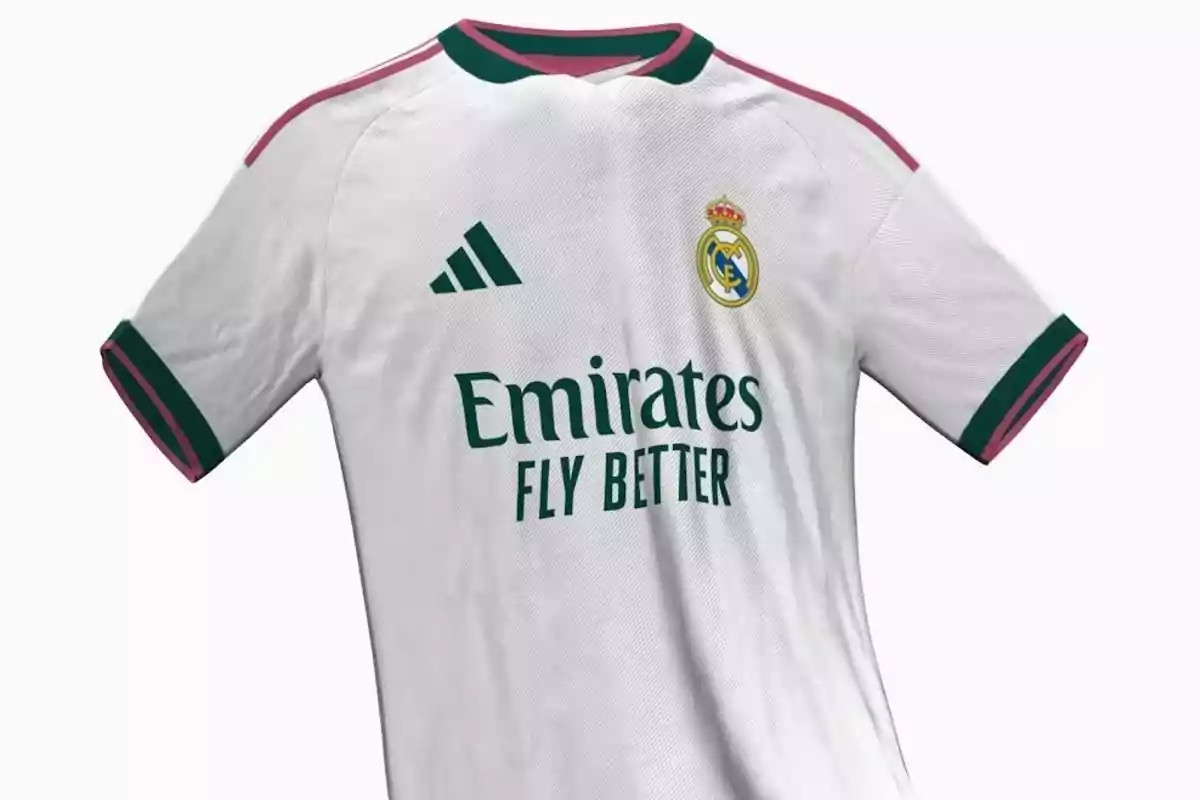 Camiseta blanca del Real Madrid con detalles verdes y rosas, logo de Adidas y patrocinio de Emirates Fly Better Camiseta blanca del Real Madrid con detalles verdes y rosas, logo de Adidas y patrocinio de Emirates Fly Better