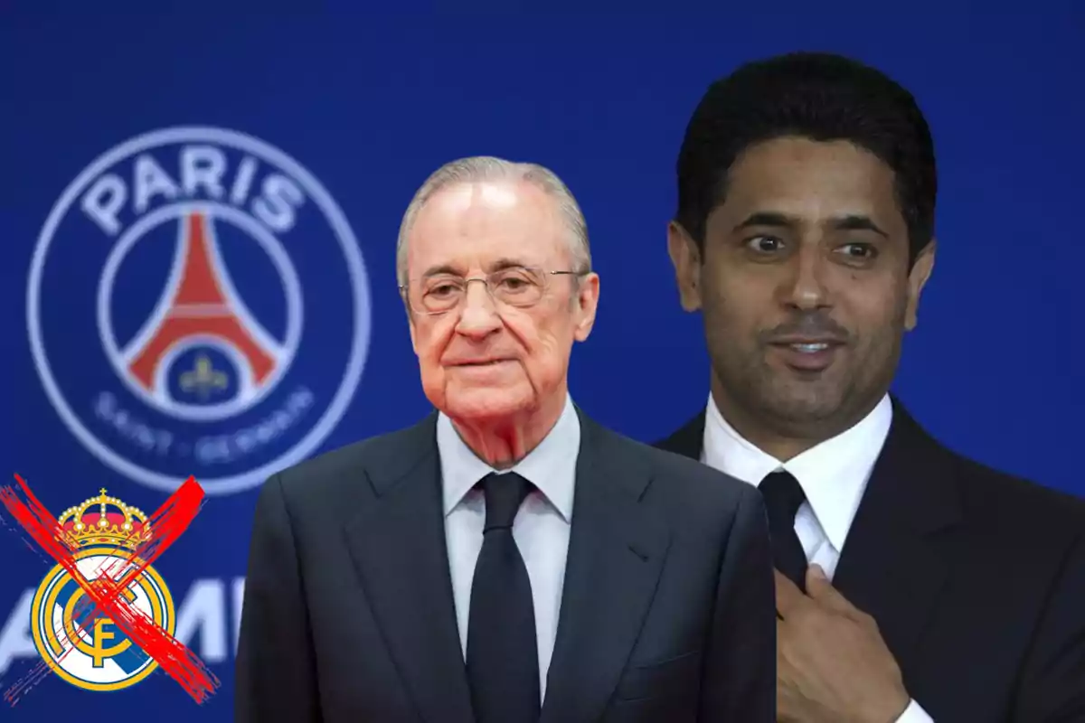 Two men in suits in front of the PSG logo and the Real Madrid crest crossed out with a red X in the bottom left corner