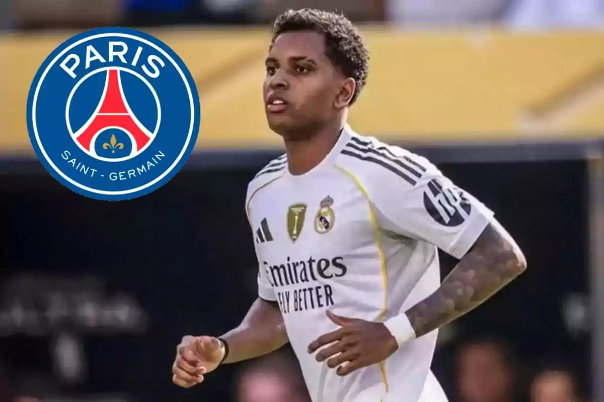 Futbolista del Real Madrid corriendo en el campo con el escudo del PSG al fondo