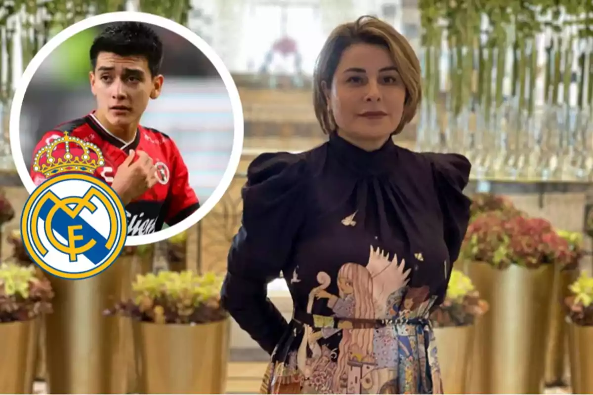Short-haired woman in a dark dress posing in a place decorated with plants, while in the upper left corner there is a box showing a young player wearing a red uniform and the Real Madrid crest superimposed.