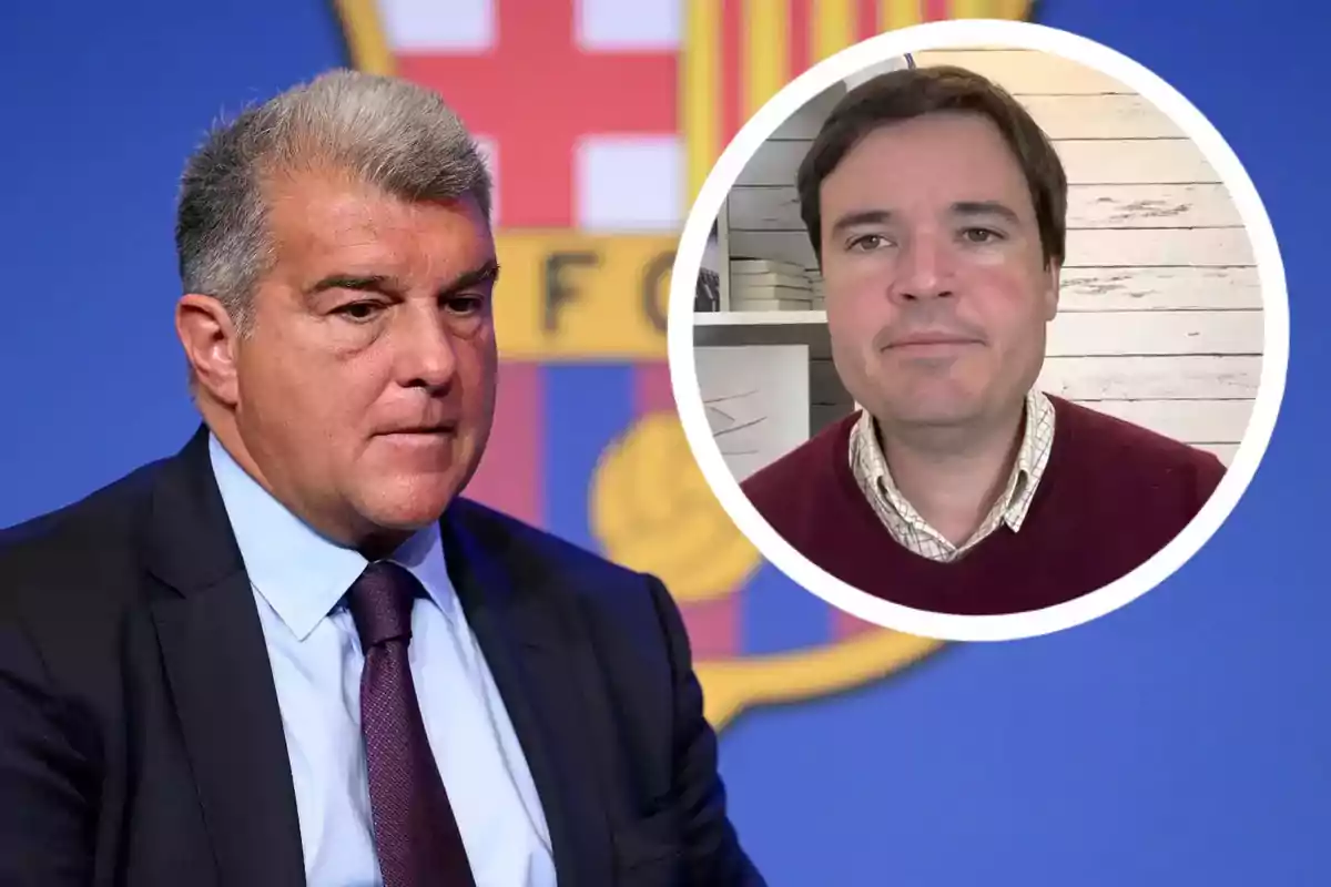 Hombre de cabello canoso con traje y corbata frente a un fondo azul con el escudo del FC Barcelona y un recuadro circular con el rostro de otro hombre de cabello oscuro y suéter burdeos.