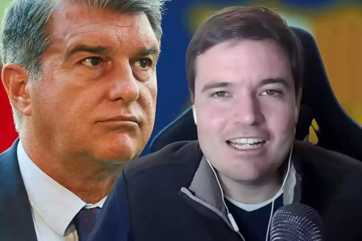 Dos hombres en primer plano uno con expresión seria y otro sonriendo usando auriculares y un micrófono frente a él con un fondo desenfocado de colores azul y amarillo