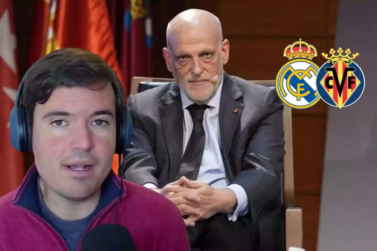 Hombre con auriculares y micrófono en primer plano, detrás un hombre calvo de traje sentado y los escudos de Real Madrid y Villarreal sobre un fondo de banderas.