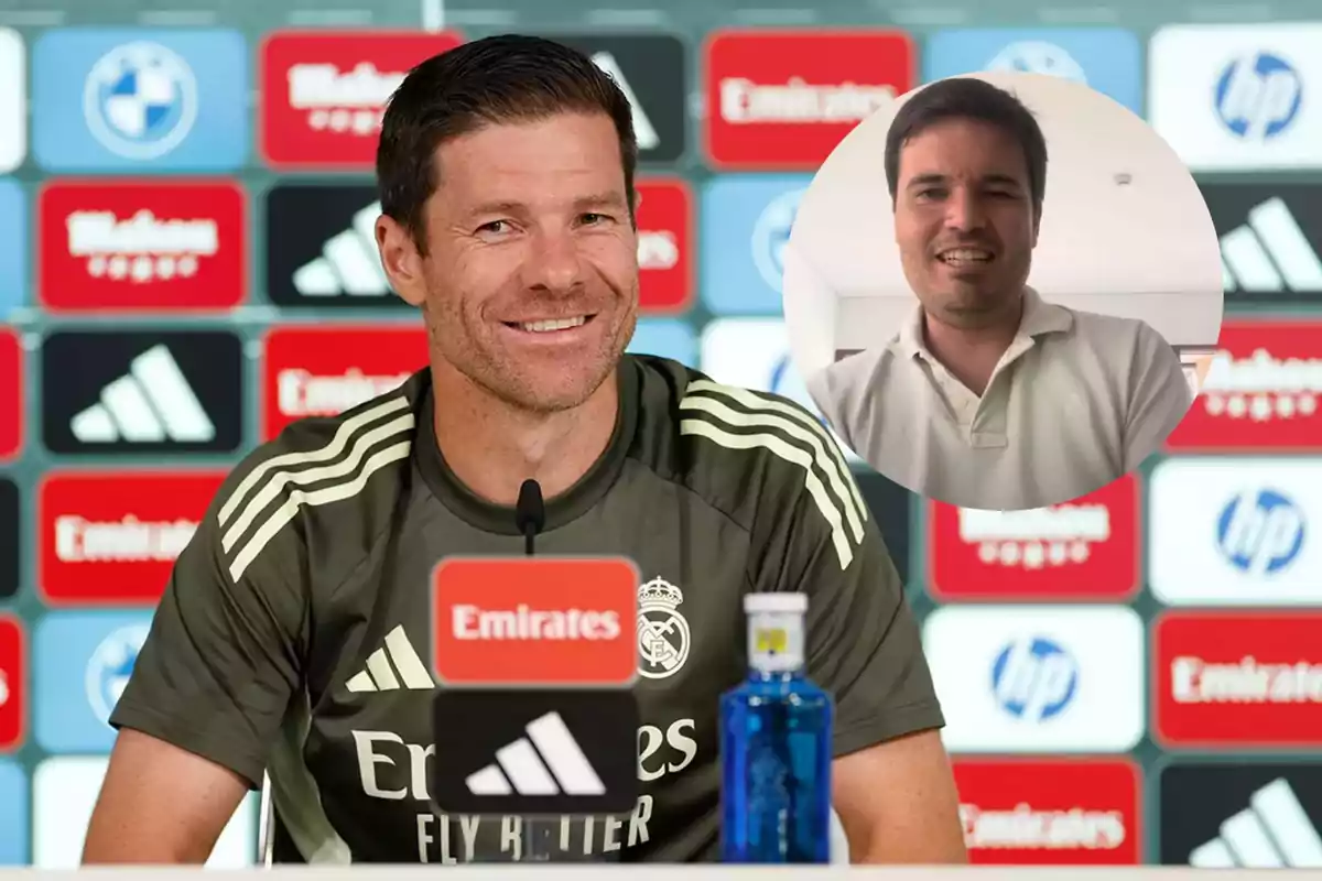 Un hombre con uniforme de entrenamiento del Real Madrid sonríe en una rueda de prensa mientras en la esquina superior derecha aparece la imagen de otra persona sonriendo