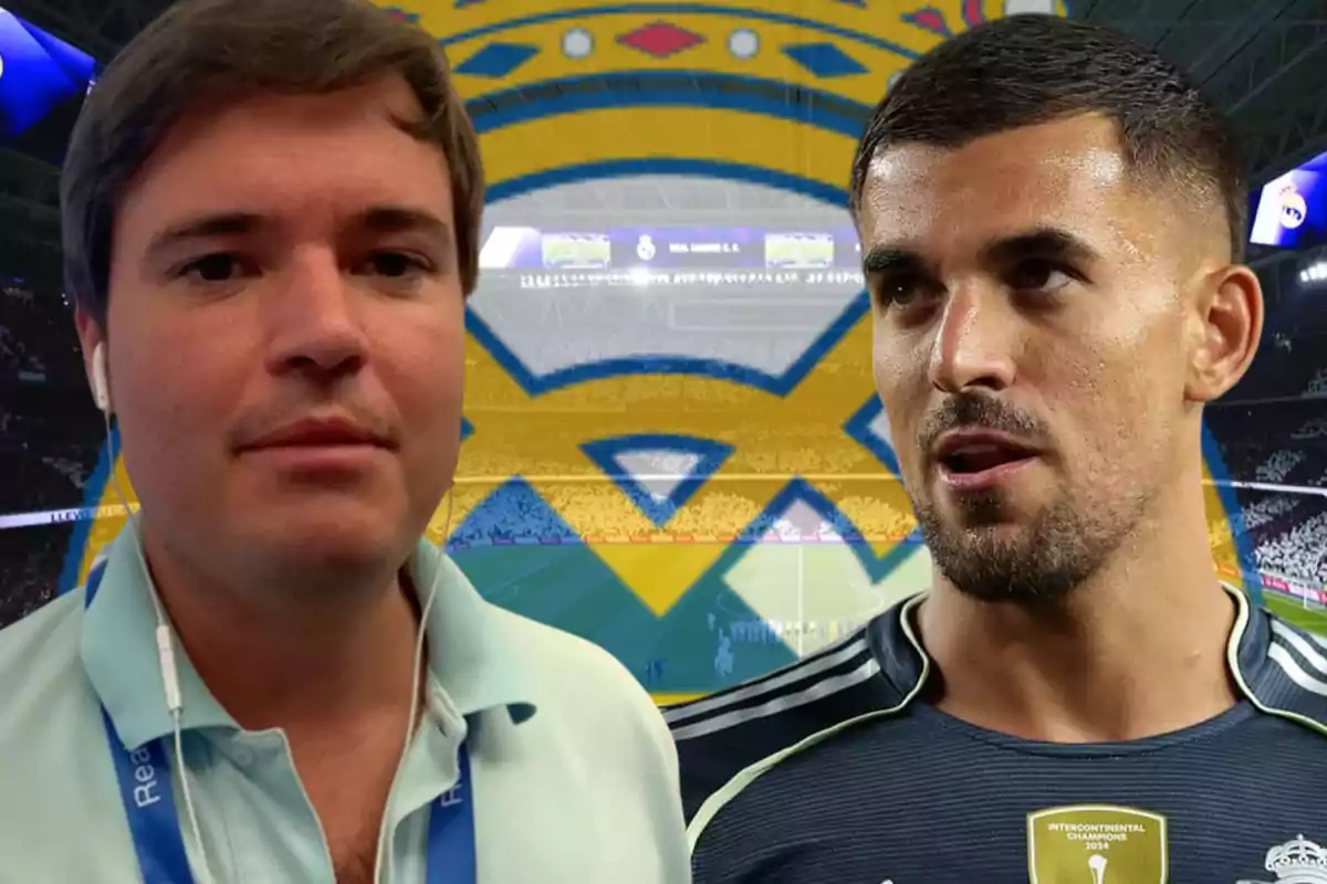 Dos hombres en primer plano con un estadio de fútbol y el escudo del Real Madrid de fondo