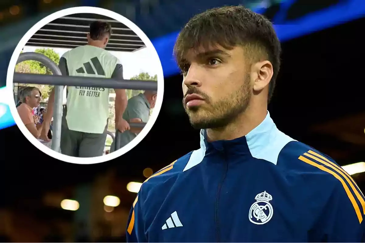 A Real Madrid player wearing a blue jacket with orange details appears in the foreground, while in an inset a person is seen from behind wearing a training vest and other people are sitting in the stands.