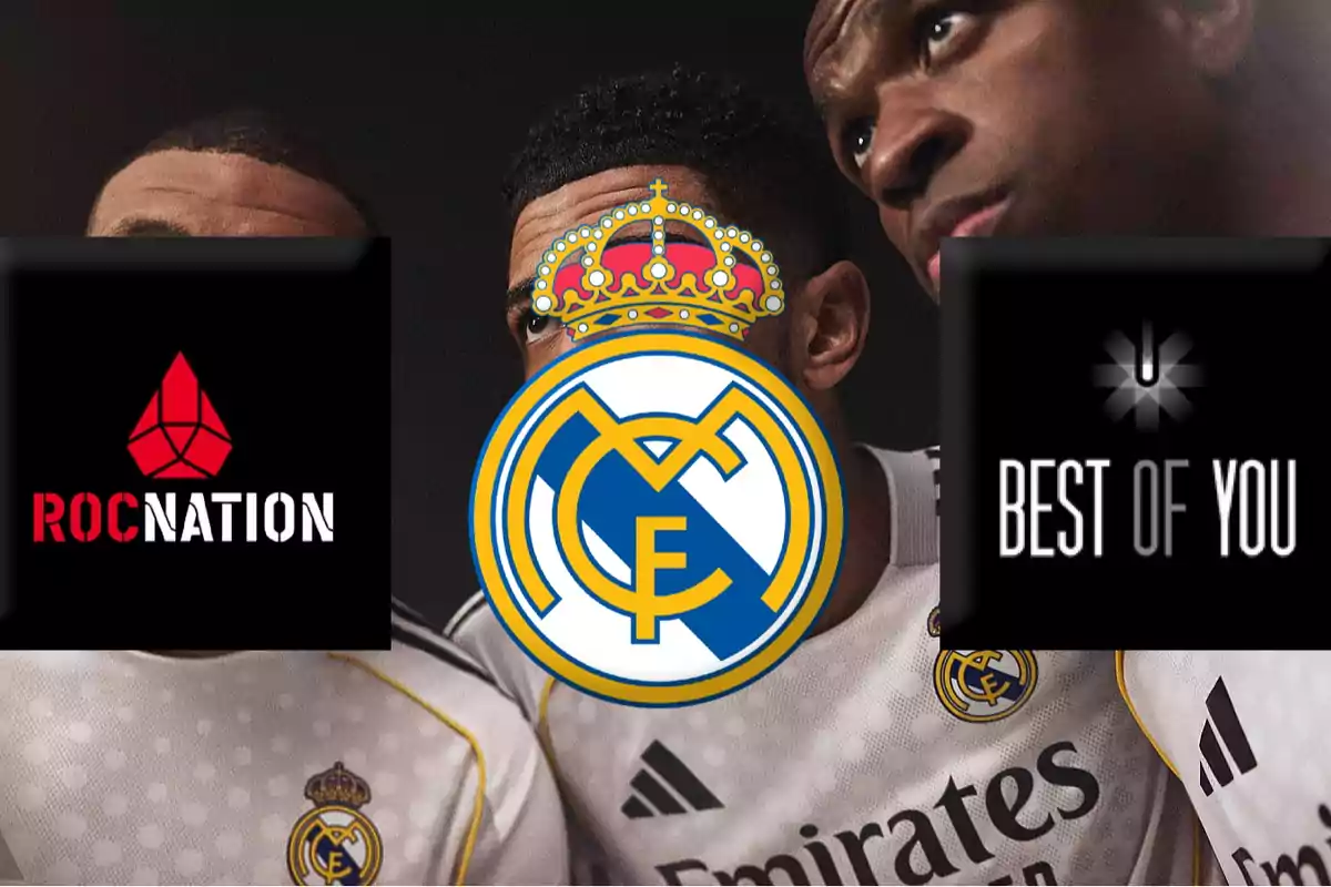 Three Real Madrid players with Roc Nation and Best Of You logos covering their faces and the Real Madrid crest in the center