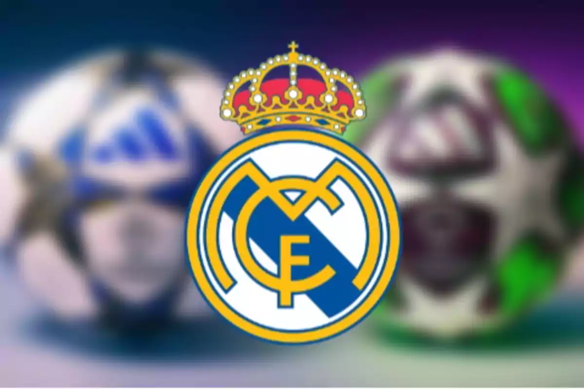 Real Madrid crest in the center with two blurred soccer balls in the background