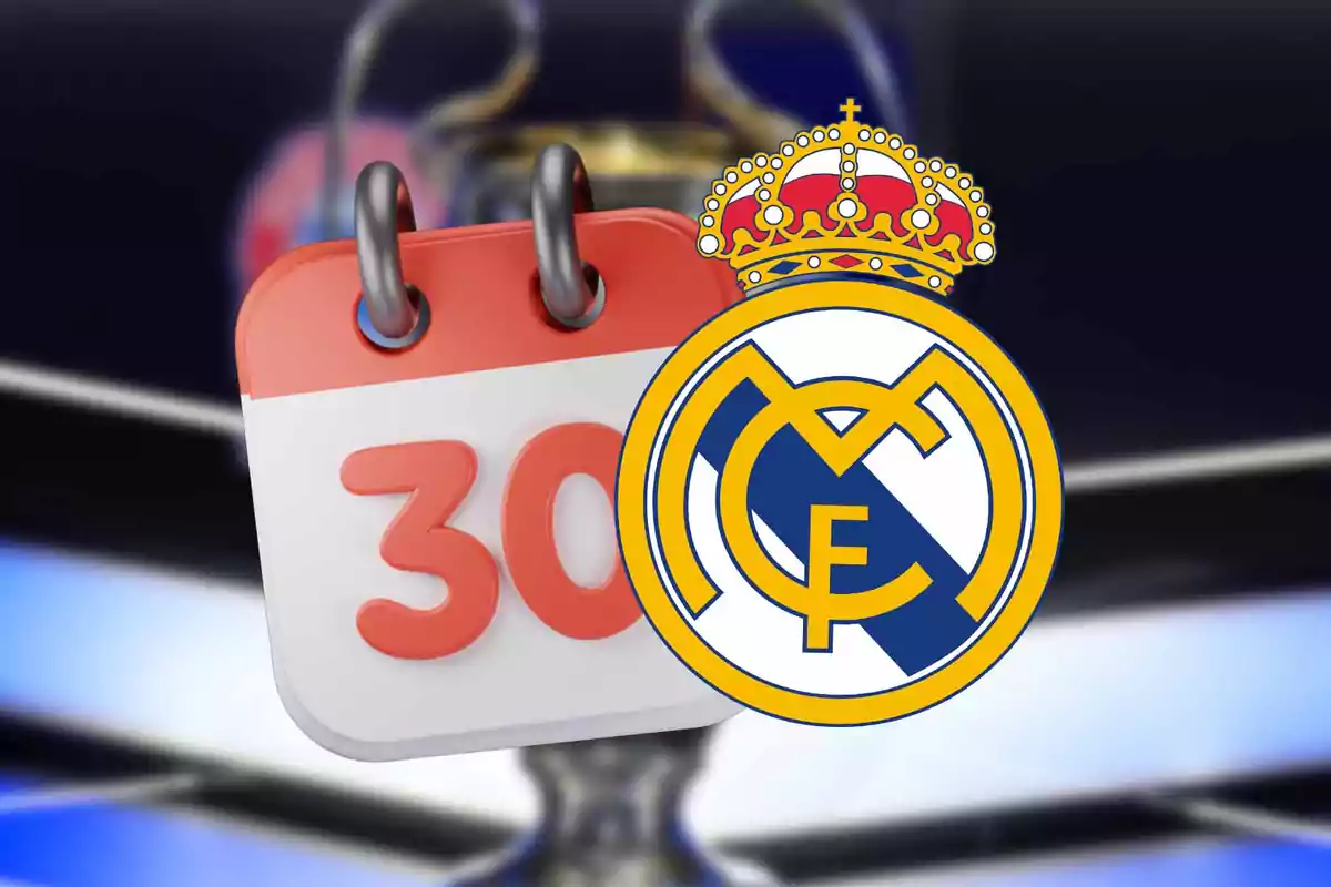 Calendar with the number 30 next to the Real Madrid crest on a blurred background of a trophy.