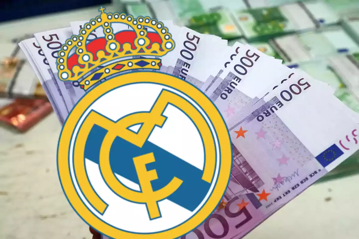 Logo del Real Madrid sobre billetes de 500 euros en primer plano