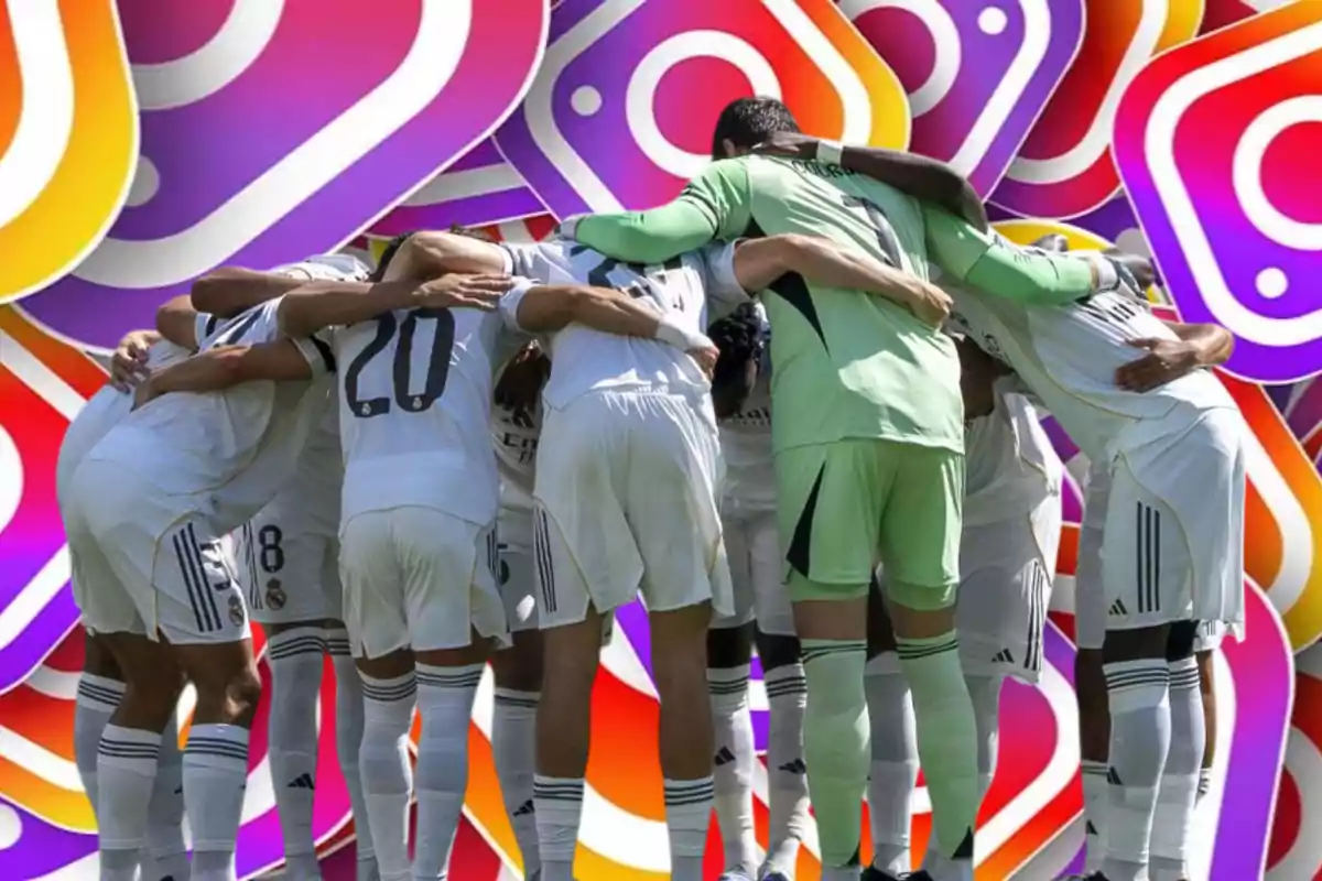 Soccer players hugging in a circle with a background of Instagram logos