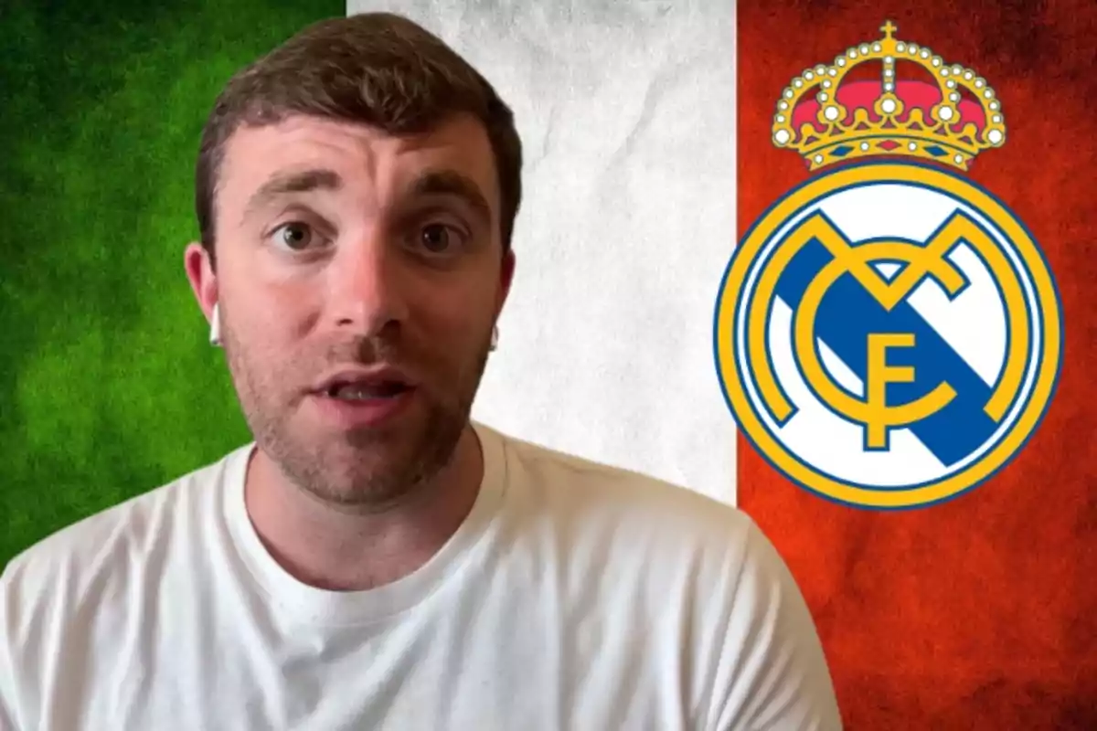 Man wearing a white t-jersey and headphones in front of an Italian flag and the Real Madrid crest