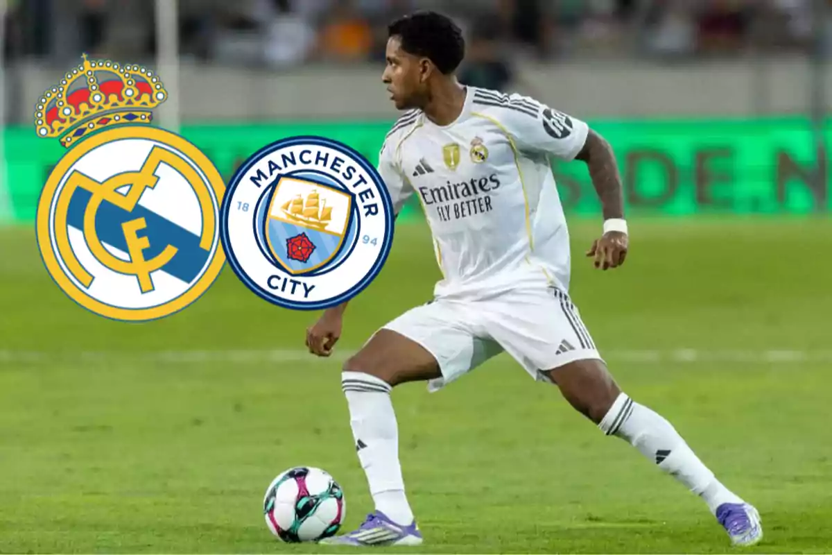 Real Madrid player in action with the Real Madrid and Manchester City crests in the background