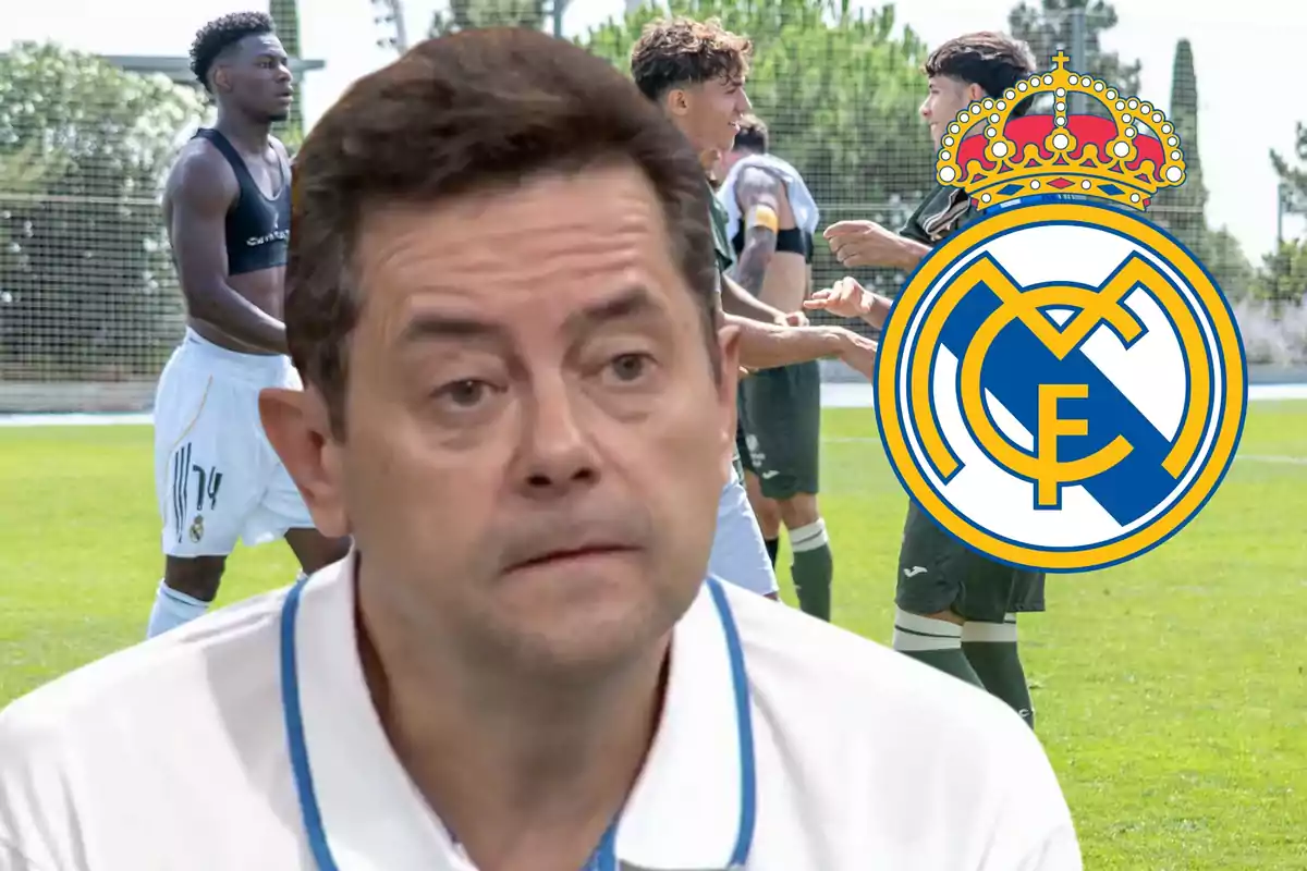 A man with a serious expression in the foreground, in the background players on a field and the Real Madrid crest.