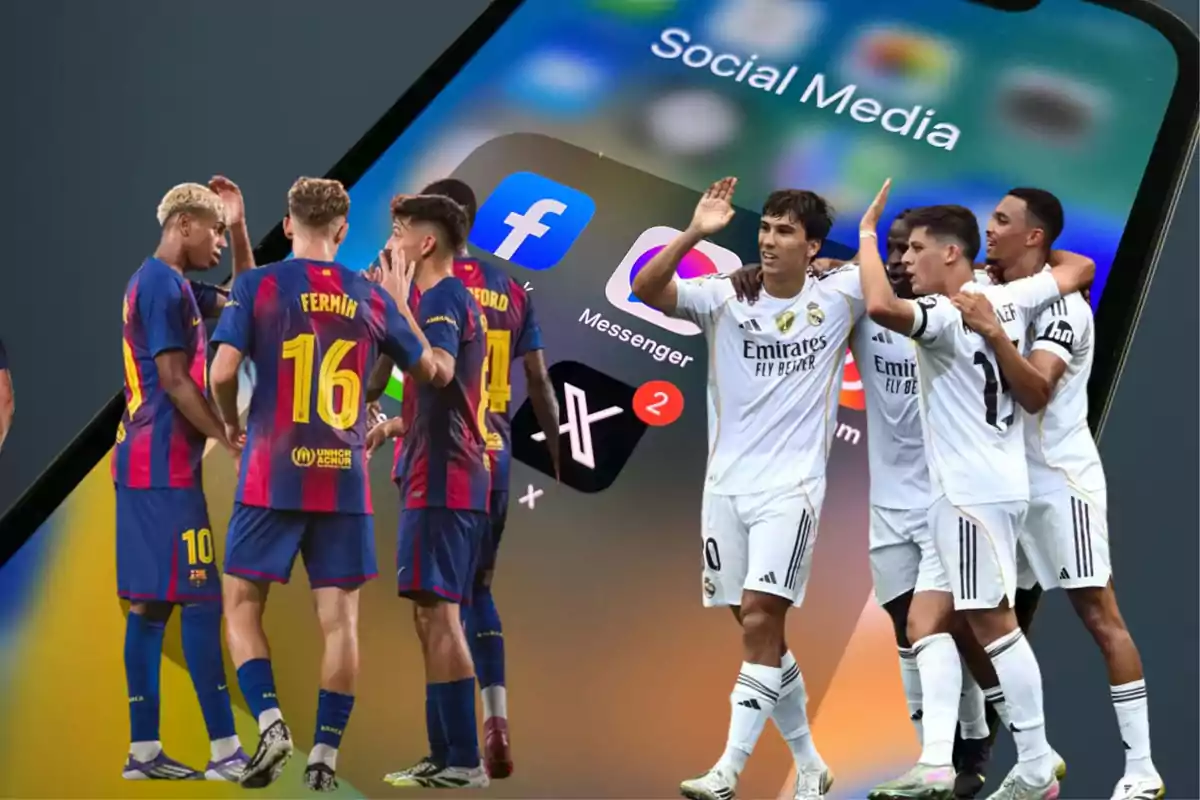 Barcelona and Real Madrid players celebrating in front of a mobile phone background with social media apps on the screen