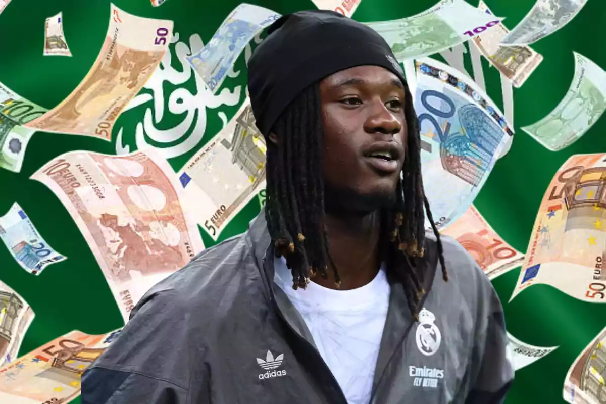 Un futbolista con chaqueta del Real Madrid aparece al frente de un fondo verde con billetes de euro flotando y un diseño árabe en el fondo