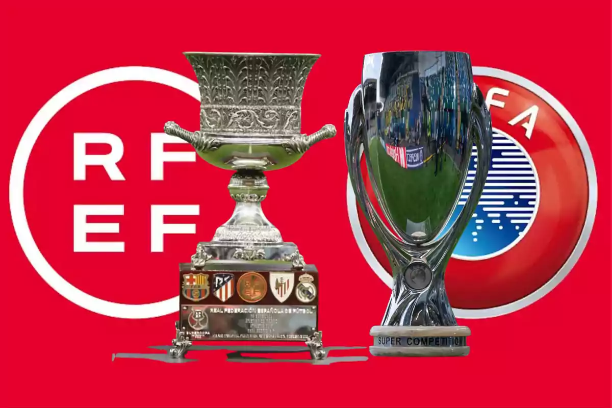 Dos trofeos de fútbol sobre un fondo rojo con logotipos de la RFEF y la UEFA