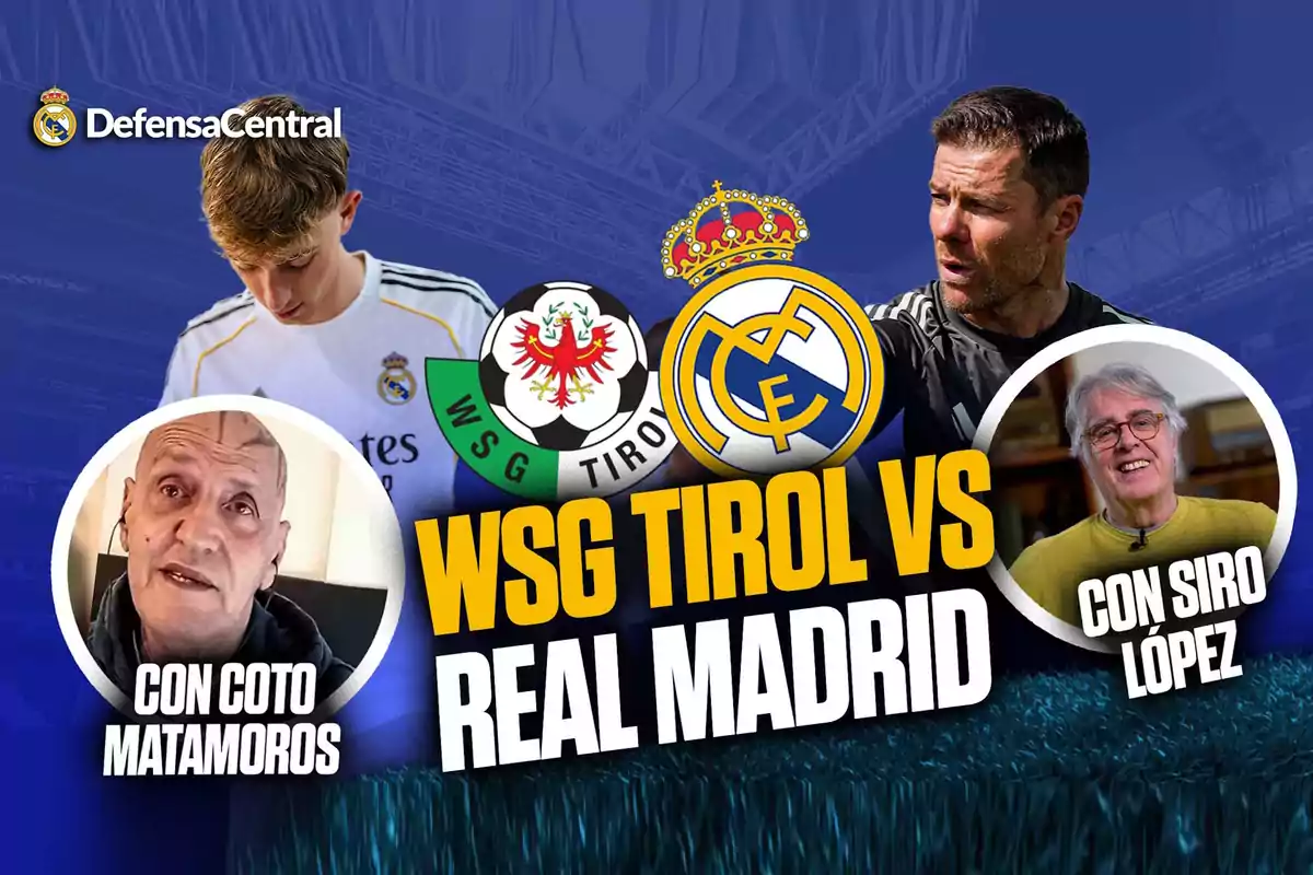 Promotional image of a match between WSG Tirol and Real Madrid with both teams' logos, photos of two commentators, and the text DefensaCentral in the top left corner