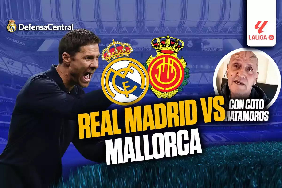 A coach shouting next to the Real Madrid and Mallorca crests, with the text Real Madrid vs Mallorca and the image of a bald man in a circle with the text With Coto Matamoros, stadium background, and the DefensaCentral and LaLiga logos.