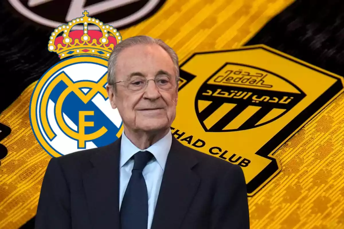 Man in a suit in front of the Real Madrid and Al Ittihad crests on a yellow background