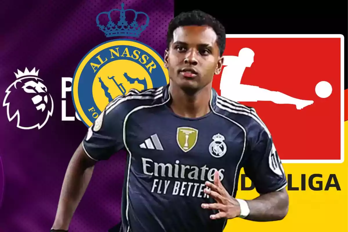 Futbolista del Real Madrid en primer plano con los logos de la Premier League, Al Nassr y la Bundesliga de fondo