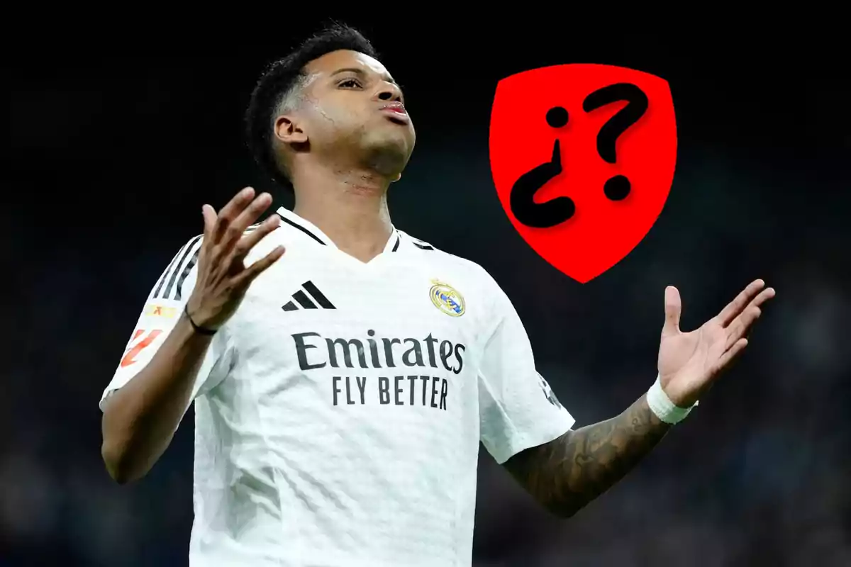 Futbolista del Real Madrid con gesto de duda y un escudo rojo con signos de interrogación en el fondo