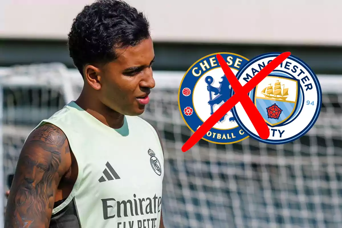 Futbolista del Real Madrid entrenando con los escudos de Chelsea y Manchester City tachados con una X roja