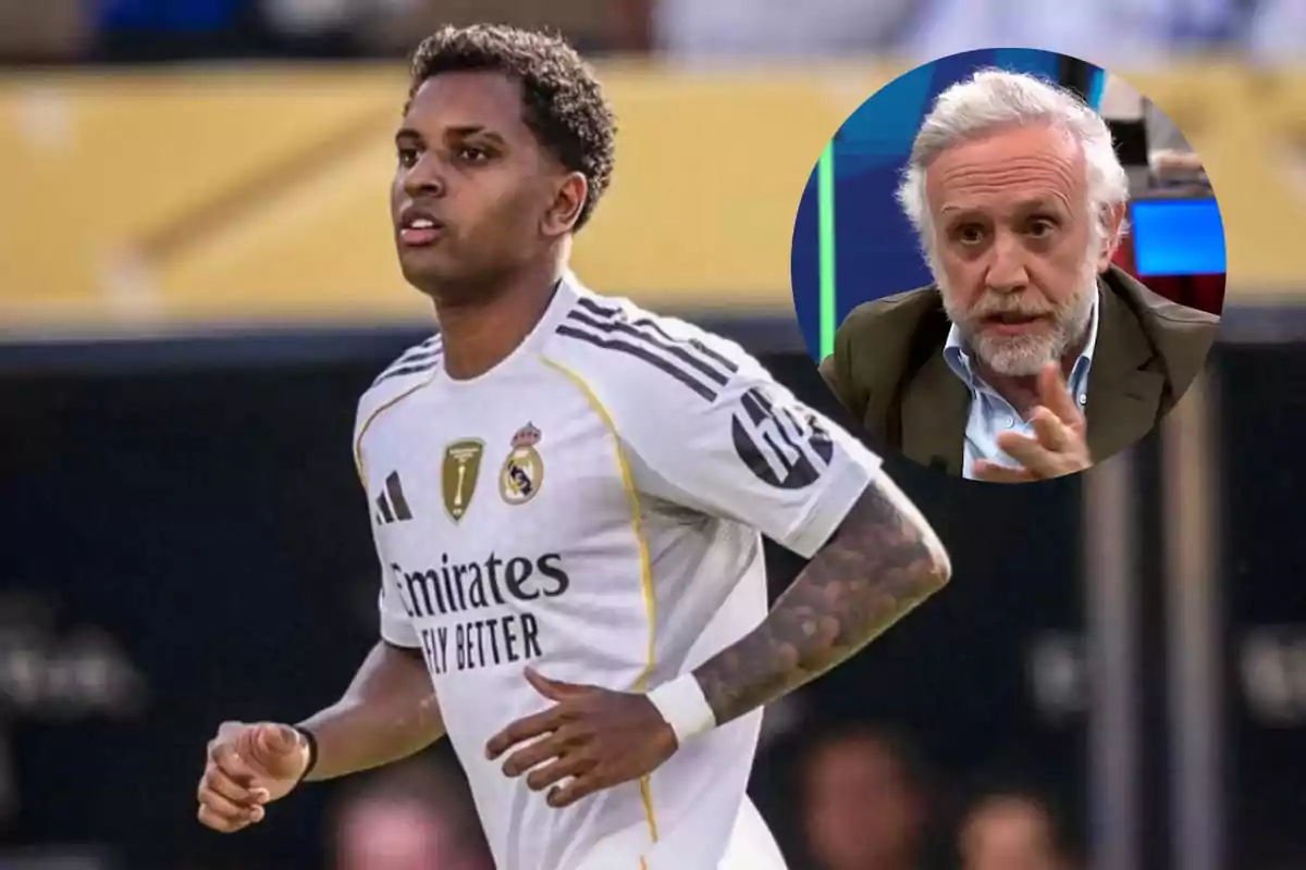 Futbolista del Real Madrid en el campo con un hombre mayor de cabello canoso y barba en un recuadro circular