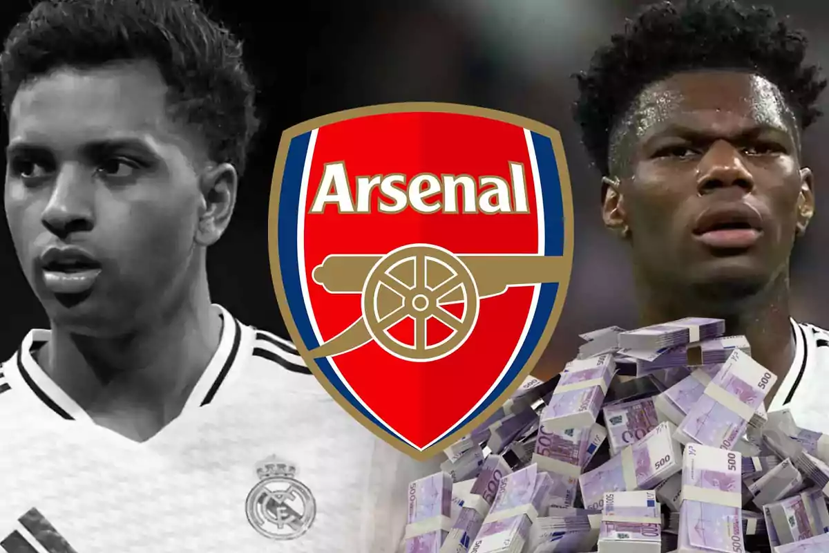Dos futbolistas con camiseta del Real Madrid, el escudo del Arsenal en el centro y fajos de billetes en la parte inferior