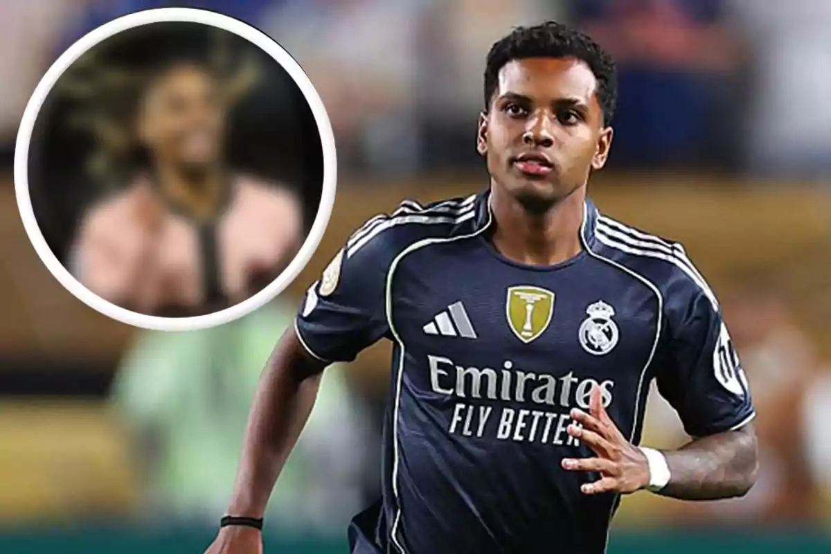 Real Madrid player running on the field with a blurred box of another player in the top left corner