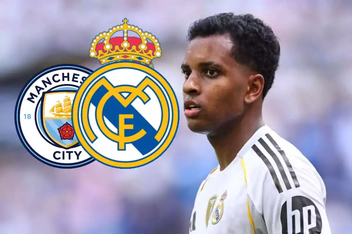 Futbolista con camiseta del Real Madrid junto a los escudos de Manchester City y Real Madrid