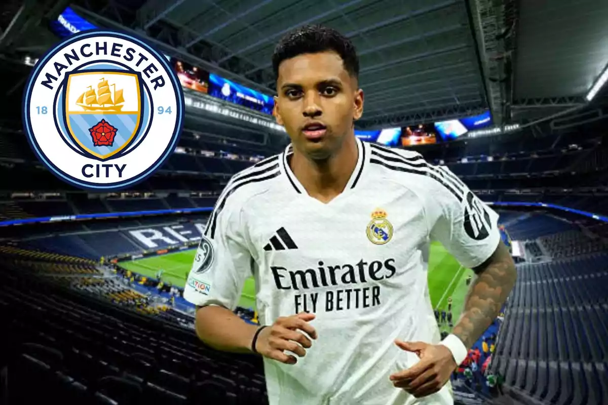 Real Madrid player in a stadium with the Manchester City crest in the background