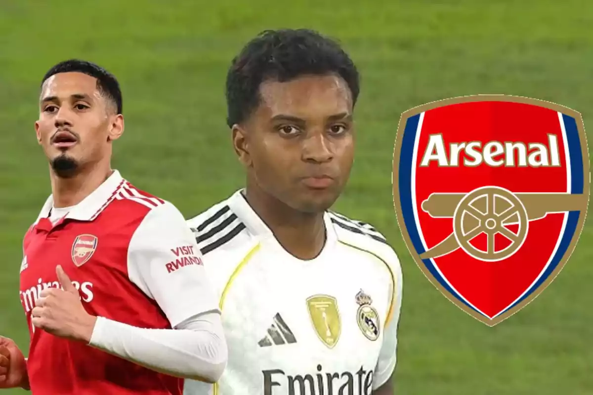 Arsenal footballer alongside a Real Madrid player and the Arsenal crest on a football field background