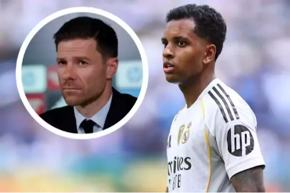 A Real Madrid player on the field with the image of a man in a suit inside a circle in the background.