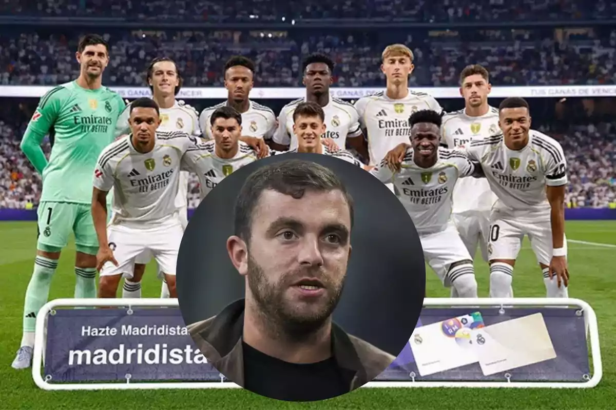 A Real Madrid soccer team posing on the field with a man in the foreground inside a superimposed circle.