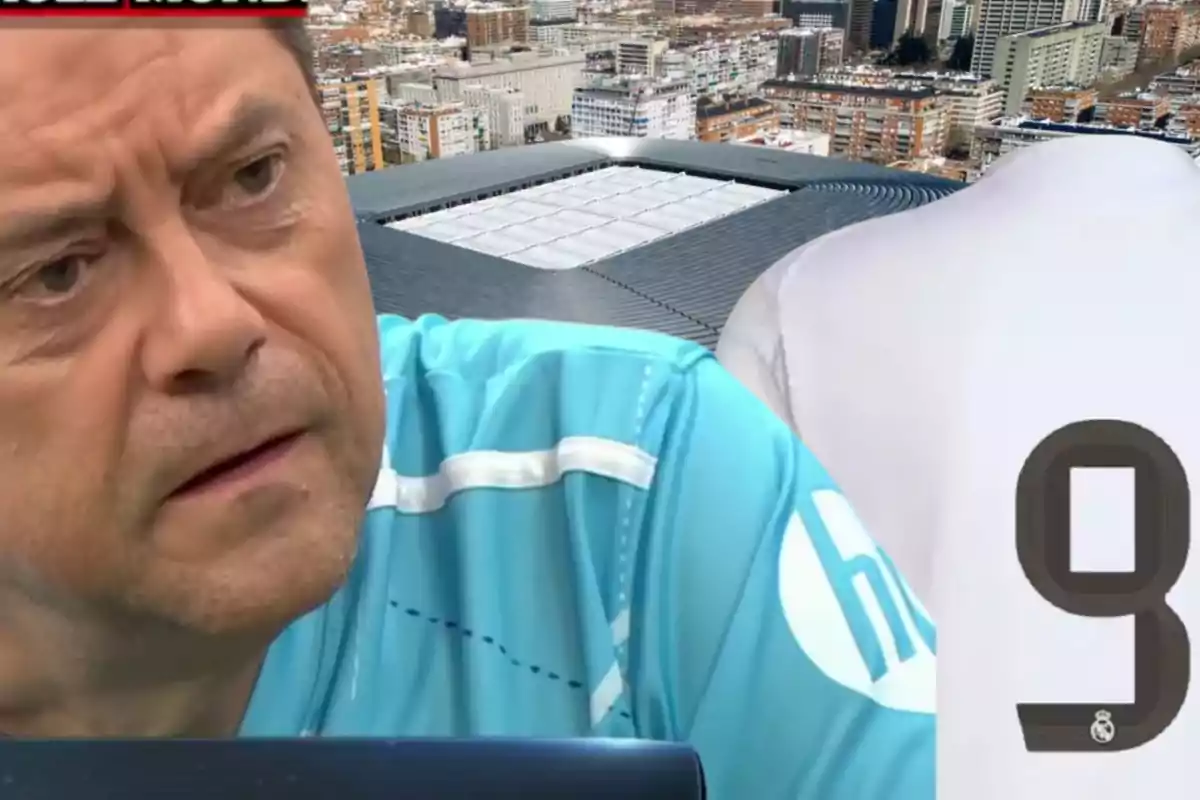 Man with a serious expression in front of a stadium wearing a white jersey with the number 9