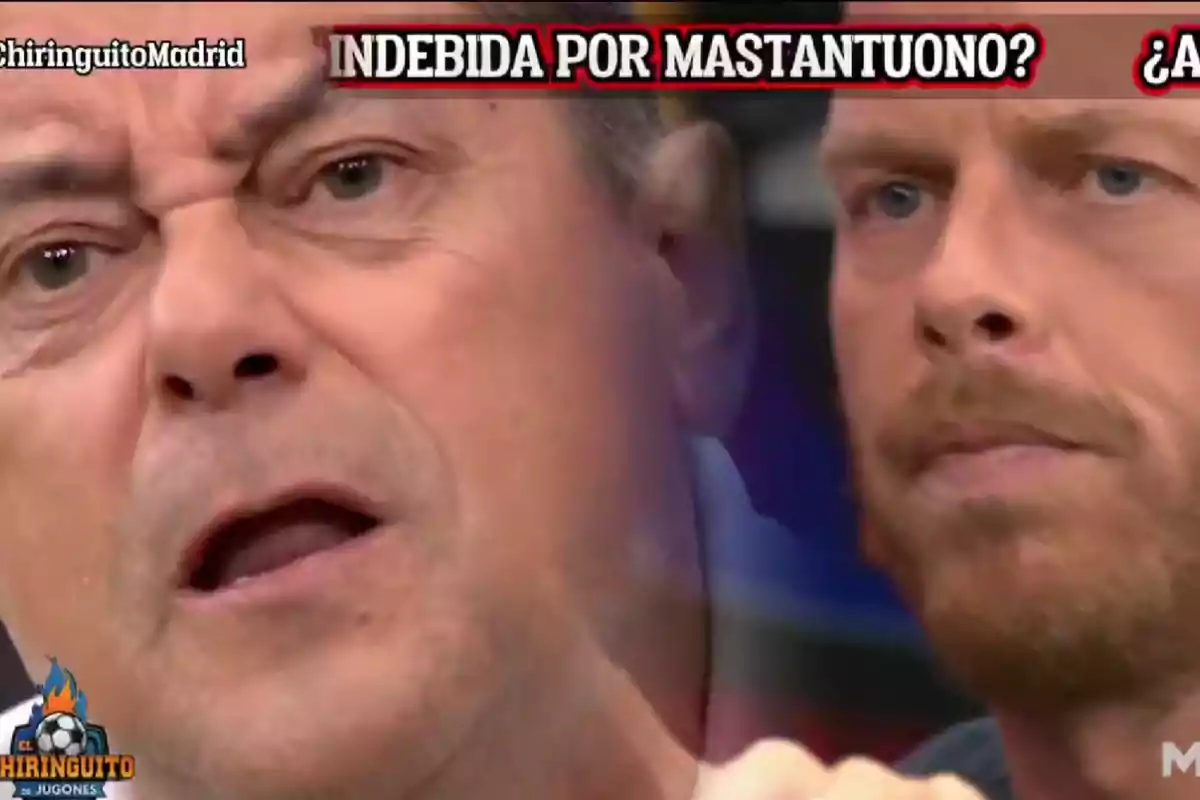 Two men with serious expressions appear superimposed on a sports television program with the text "indebida por Mastantuono" at the top.